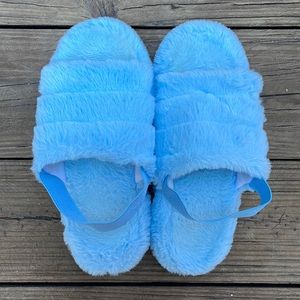Baby Blue Fluffy Strap-Back Slippers